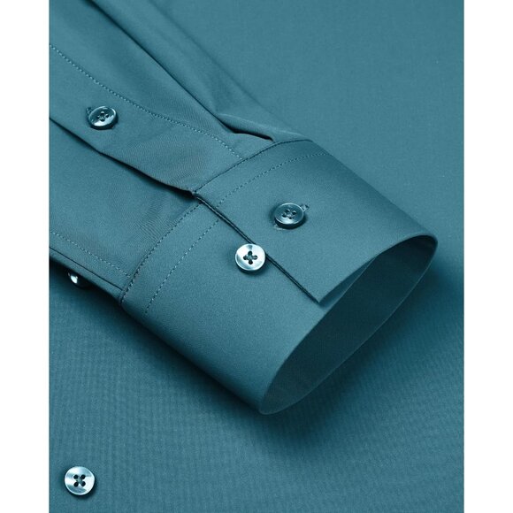 Men's Turquoise Long Sleeve Slim Muscle Fit Wrinkle Free Button Down Dress Shirt - Picture 3 of 9